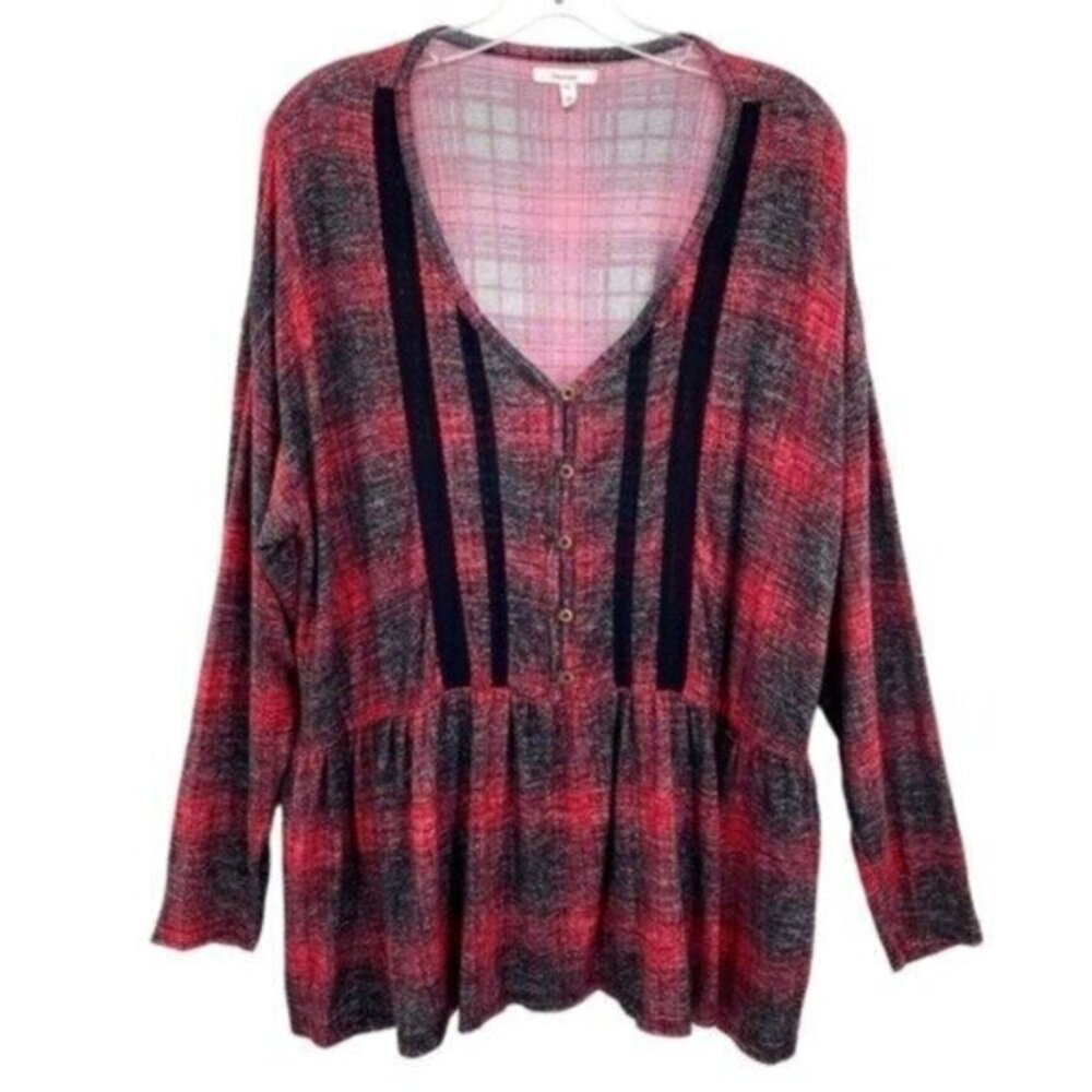 Maurices Red Plaid Burnout Grunge Henley Peplum Top 2X